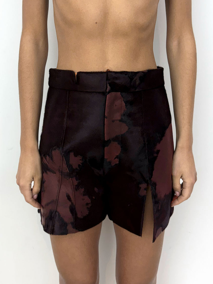 (SS26 PRE-ORDER) BURNOUT LEATHER MINI SHORTS - BURGUNDY