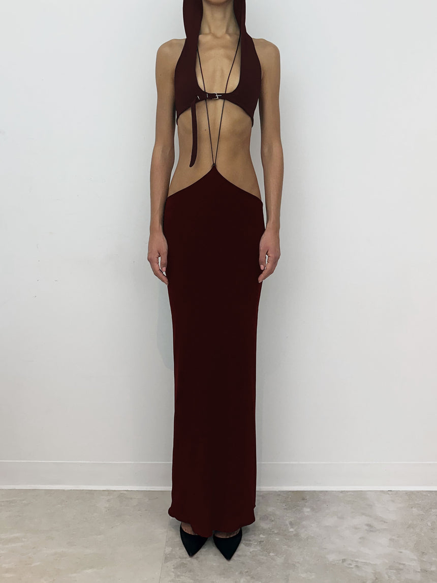 (SS26 PRE-ORDER) LOGO TAG TIE PILLAR SKIRT - BURGUNDY