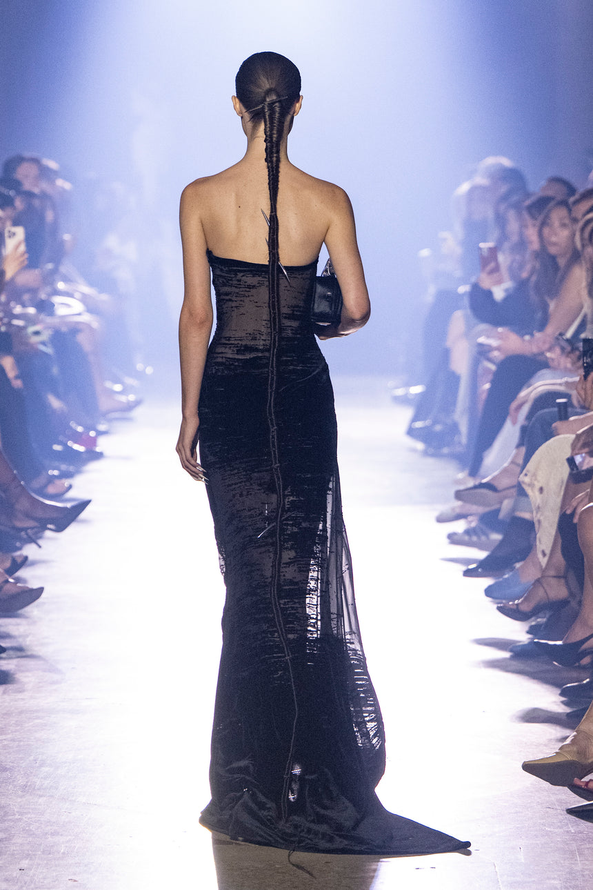(SS26 PRE-ORDER) CORSETED GLITCH GOWN - BLACK SHEER