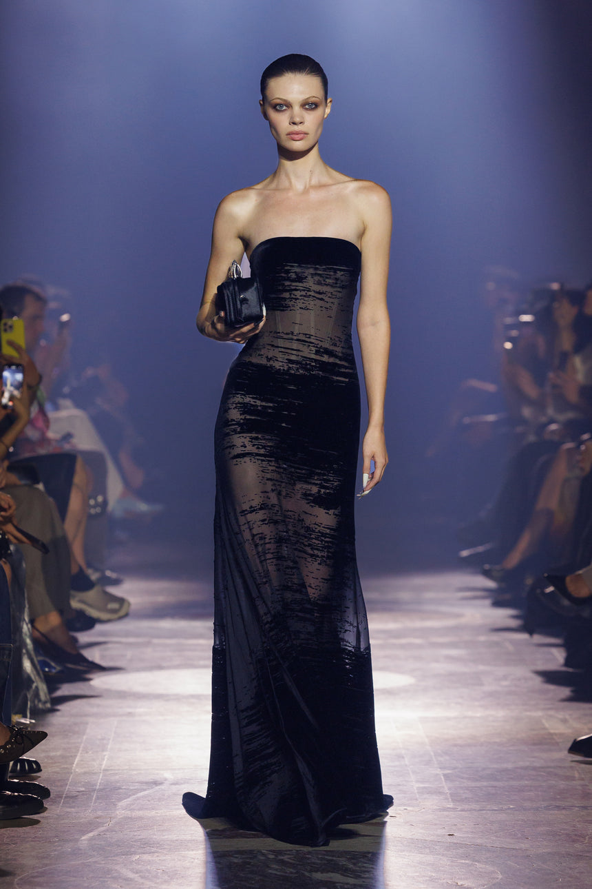 (SS26 PRE-ORDER) CORSETED GLITCH GOWN - BLACK SHEER