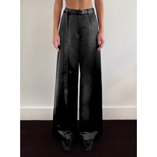 LIQUID SATIN TROUSERS WITH PIERCED BELT BUCKLE - BLACK