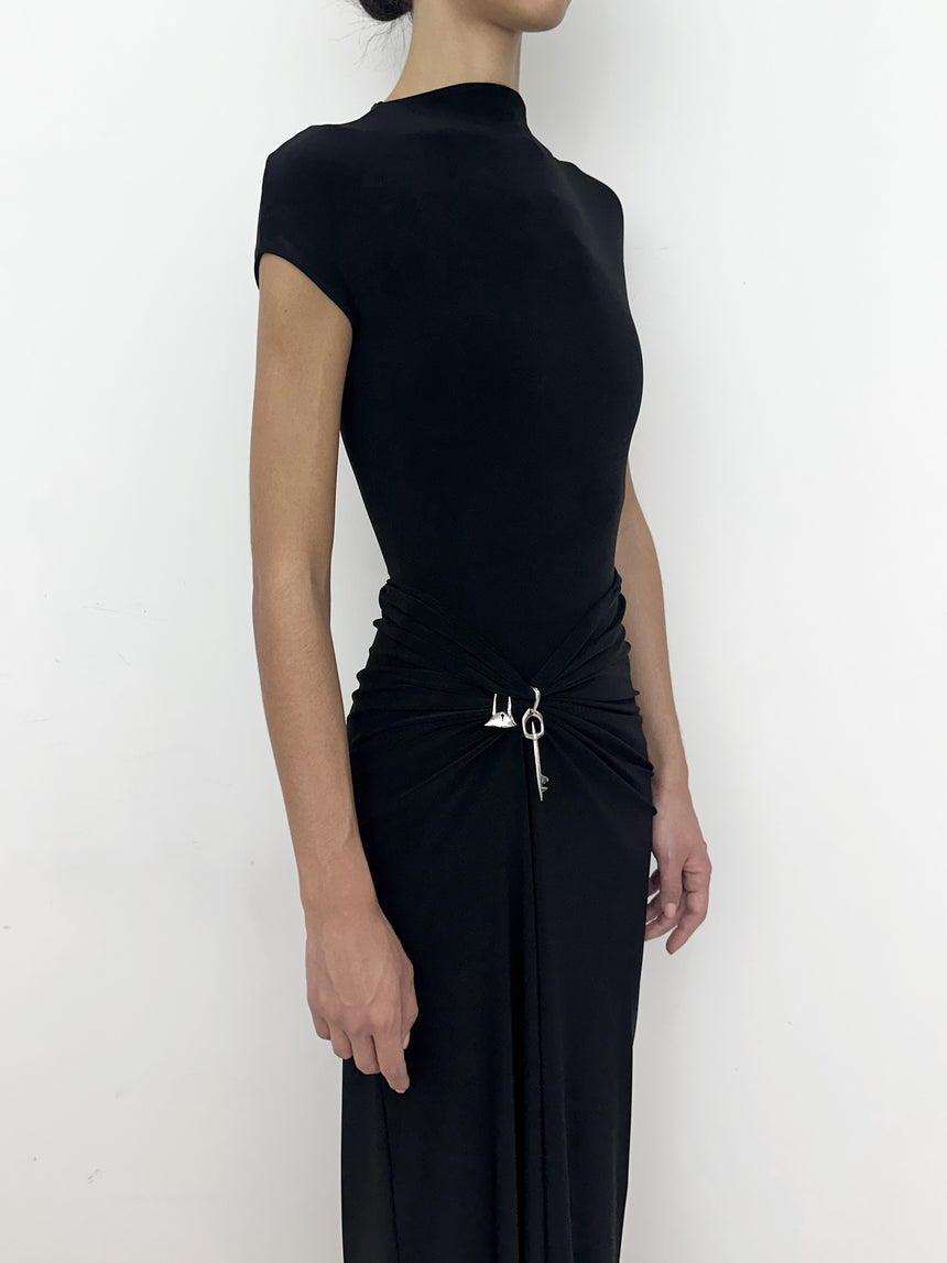 (SS26 PRE-ORDER) RELIC CHARMS DRAPED MAXI SKIRT - BLACK