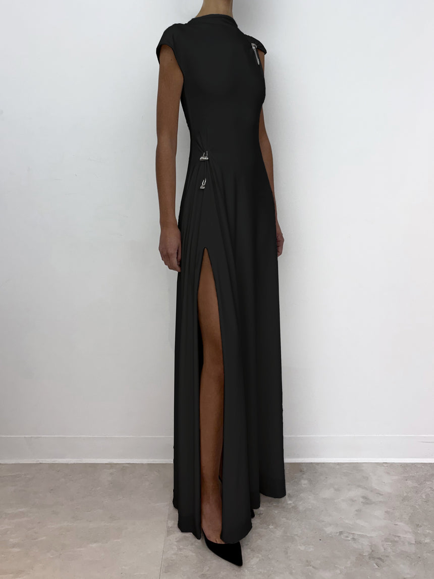 (SS26 PRE-ORDER) RELIC CHARMS MAXI SLIT DRESS - BLACK