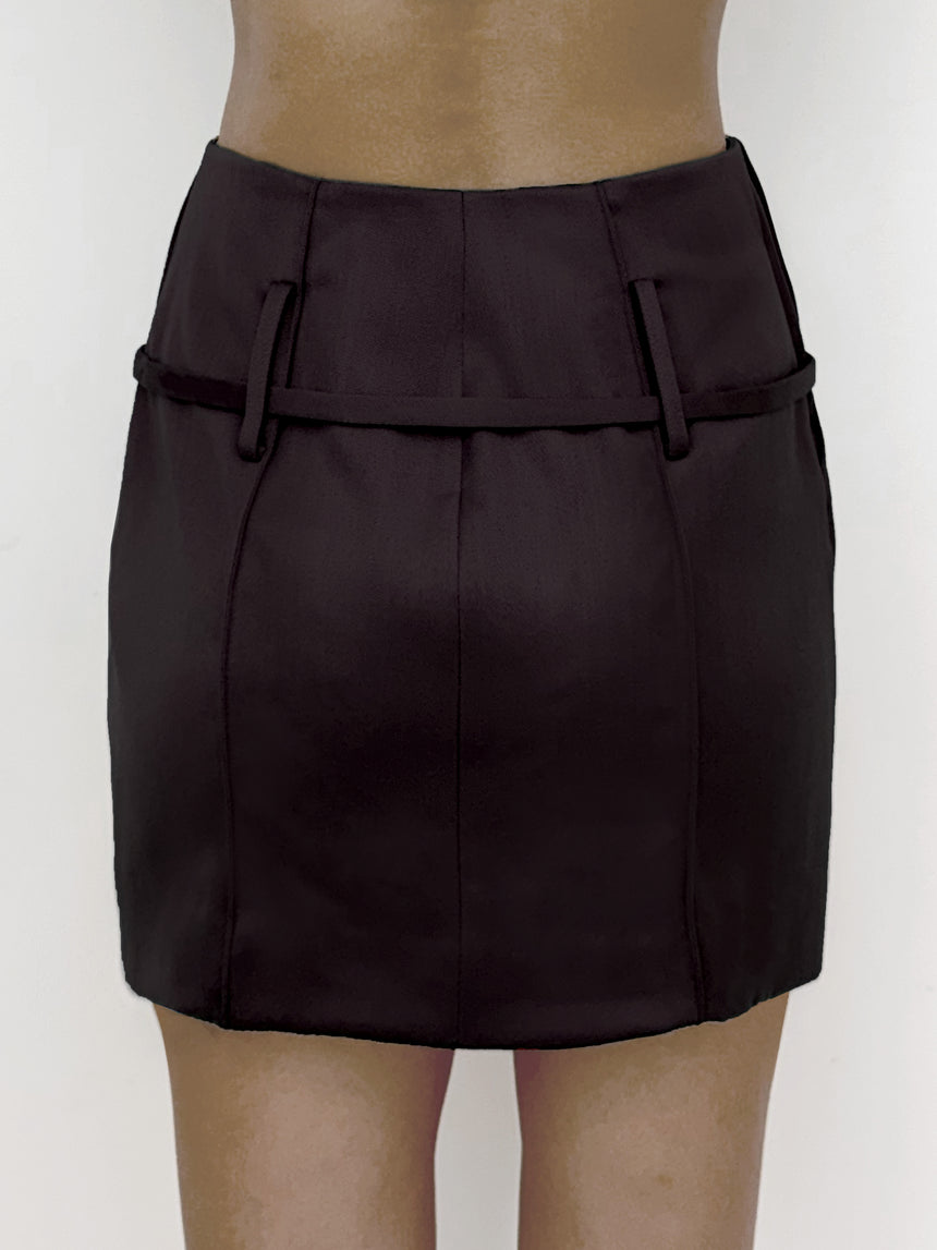 (SS26 PRE-ORDER) RELICS BELTED MINI SKIRT IN WOOL SATIN - BURGUNDY