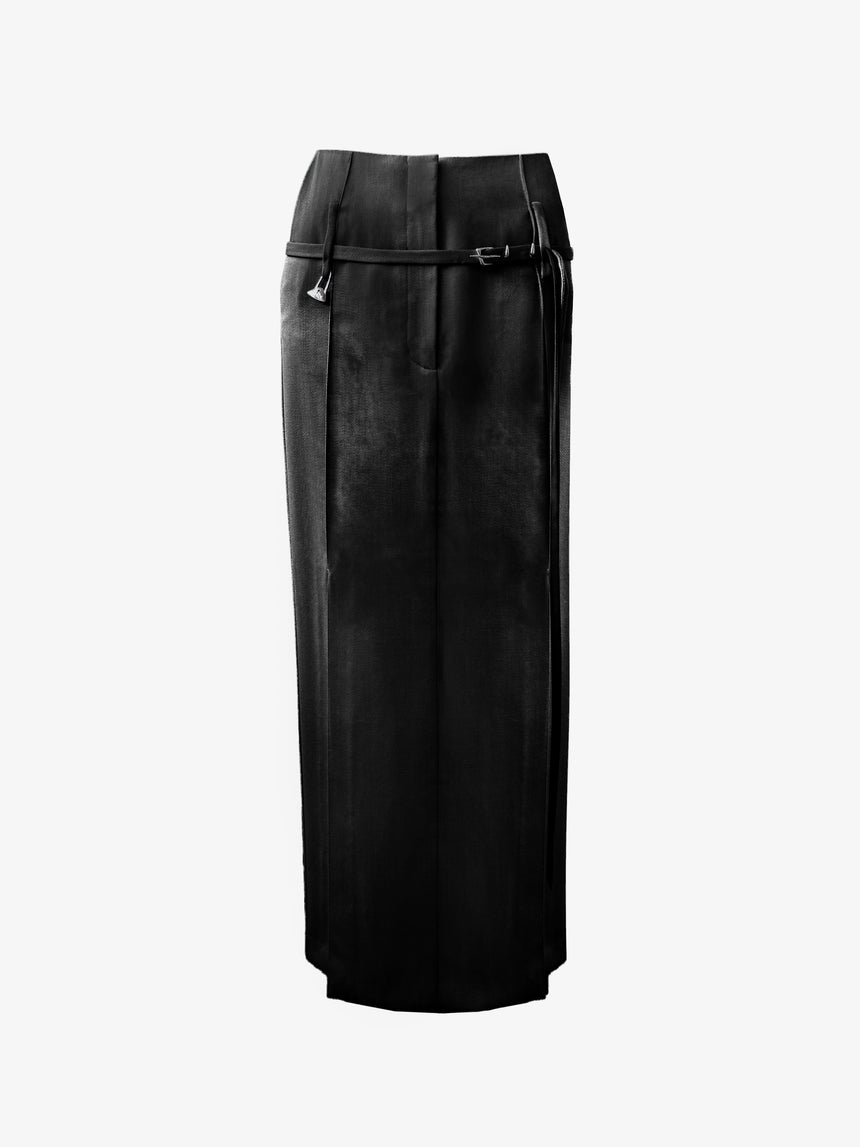 (SS26 PRE-ORDER) RELICS BELTED SLIT SKIRT (LIQUID SATIN) - BLACK