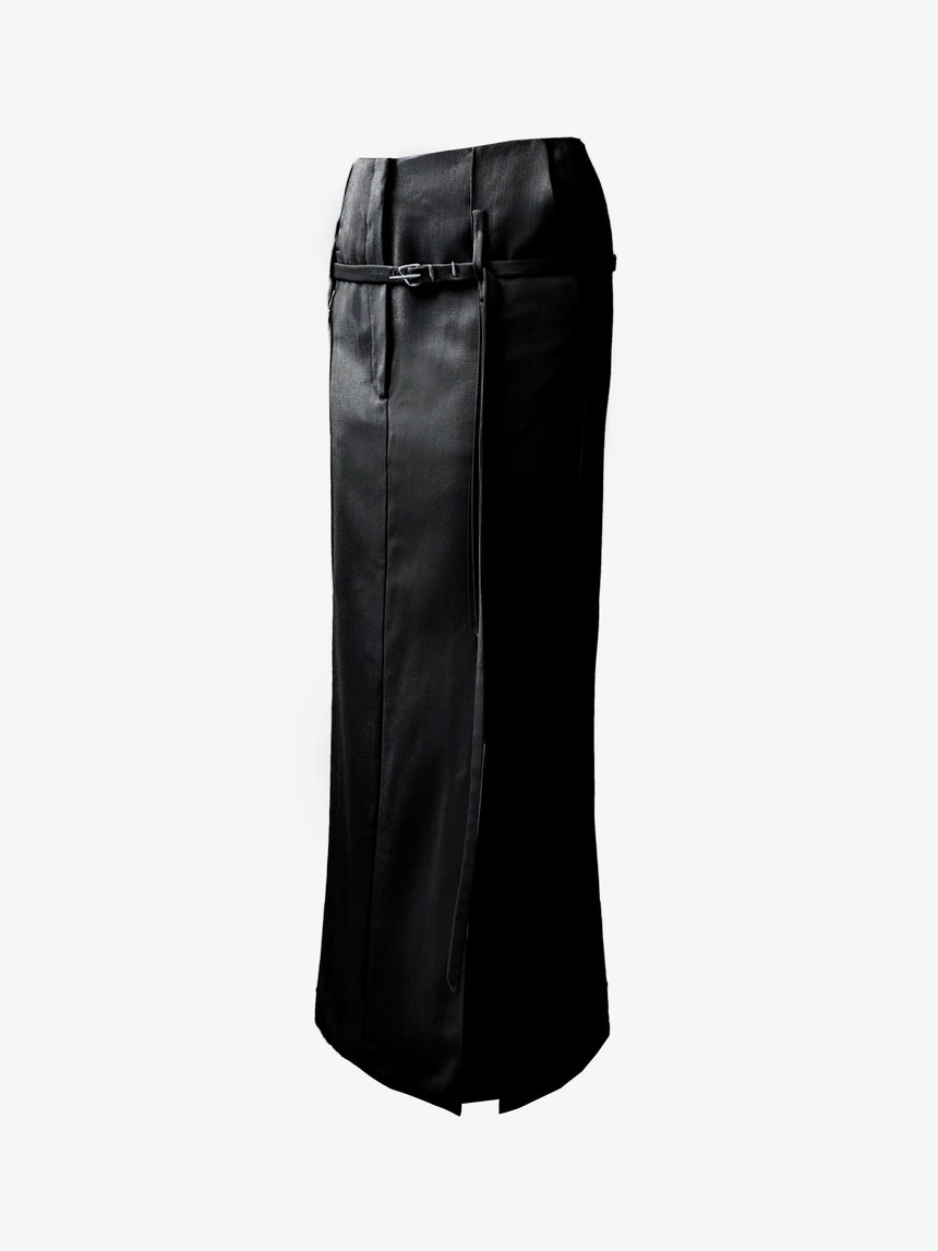 (SS26 PRE-ORDER) RELICS BELTED SLIT SKIRT (LIQUID SATIN) - BLACK