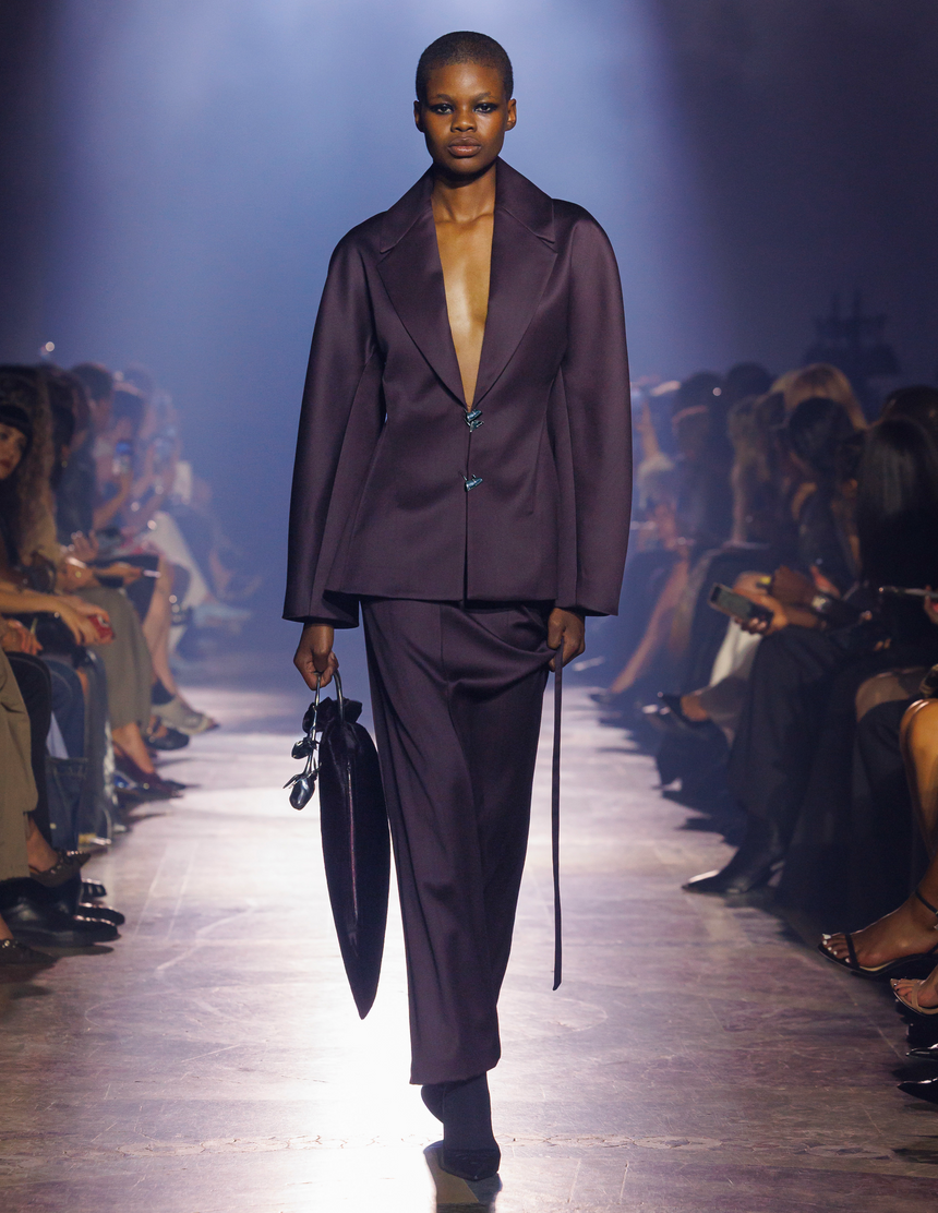 (SS26 PRE-ORDER) RELICS BELTED MAXI SKIRT (WOOL SATIN) - BURGUNDY