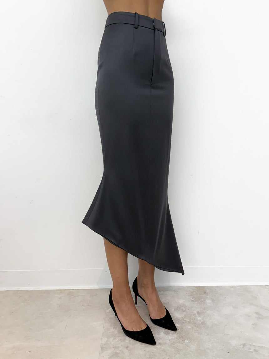 (SS26 PRE-ORDER) TAILORED ANGULAR MIDI SKIRT - GREY