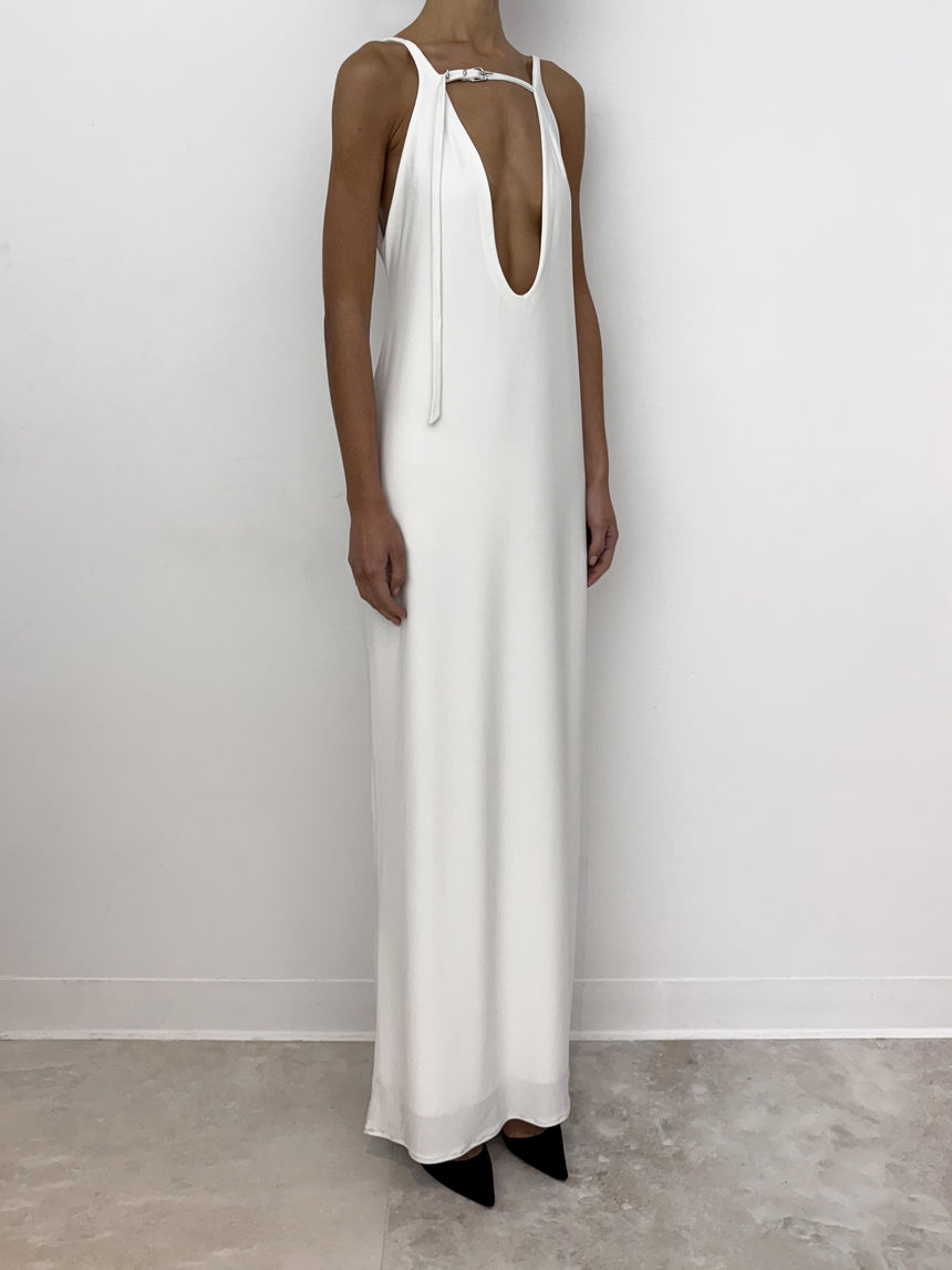 (SS26 PRE-ORDER) BELTED MAXI PILLAR DRESS - WHITE