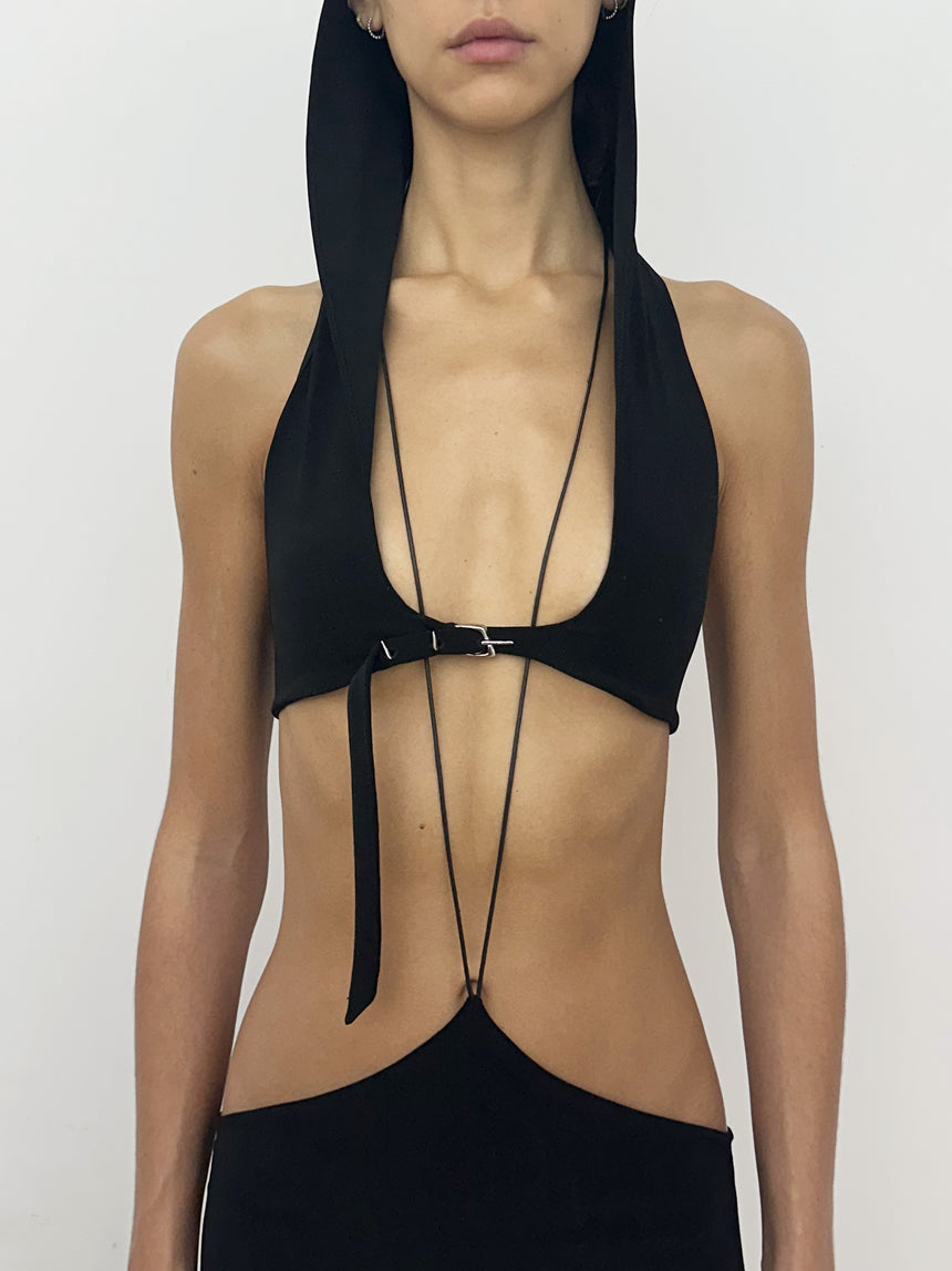 (SS26 PRE-ORDER) BELTED HOOD BRALETTE - BLACK
