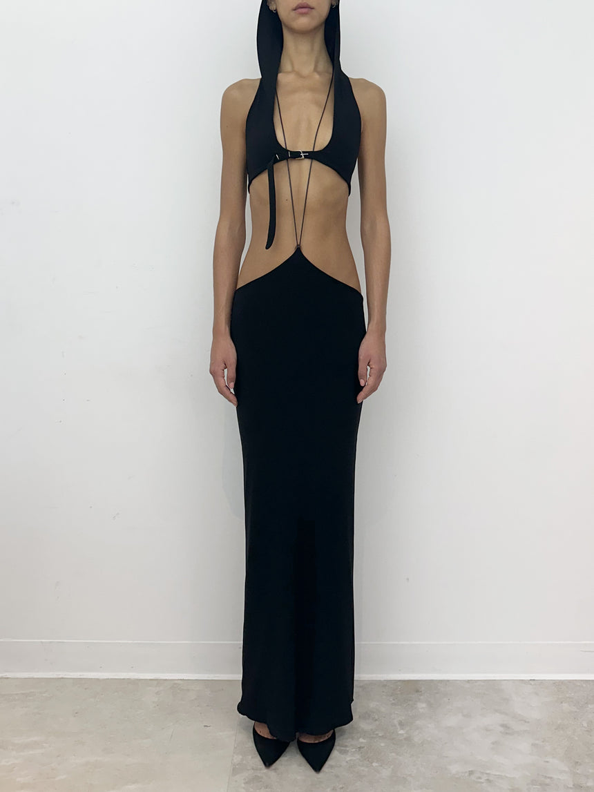 (SS26 PRE-ORDER) BELTED HOOD BRALETTE - BLACK