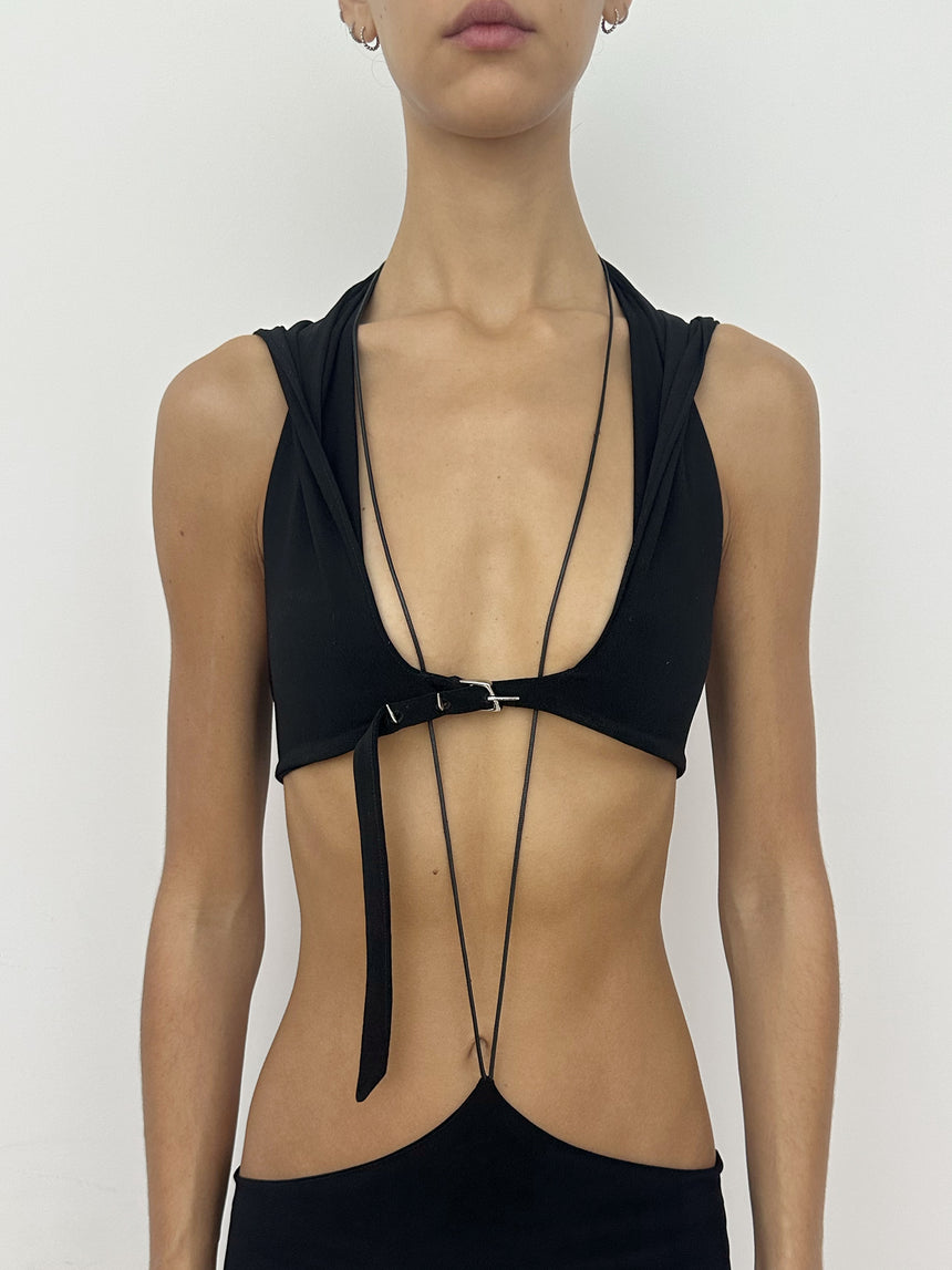 (SS26 PRE-ORDER) BELTED HOOD BRALETTE - BLACK