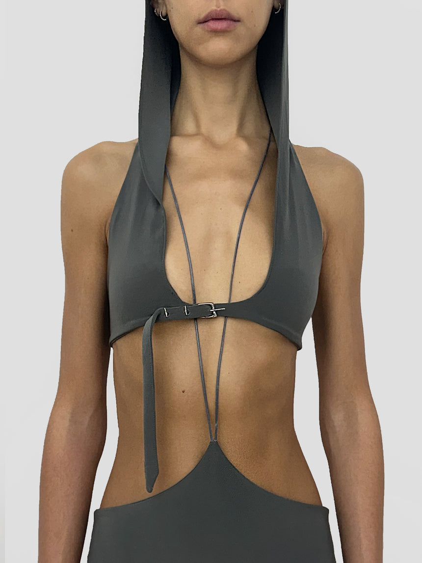 (SS26 PRE-ORDER) BELTED HOOD BRALETTE - GREY