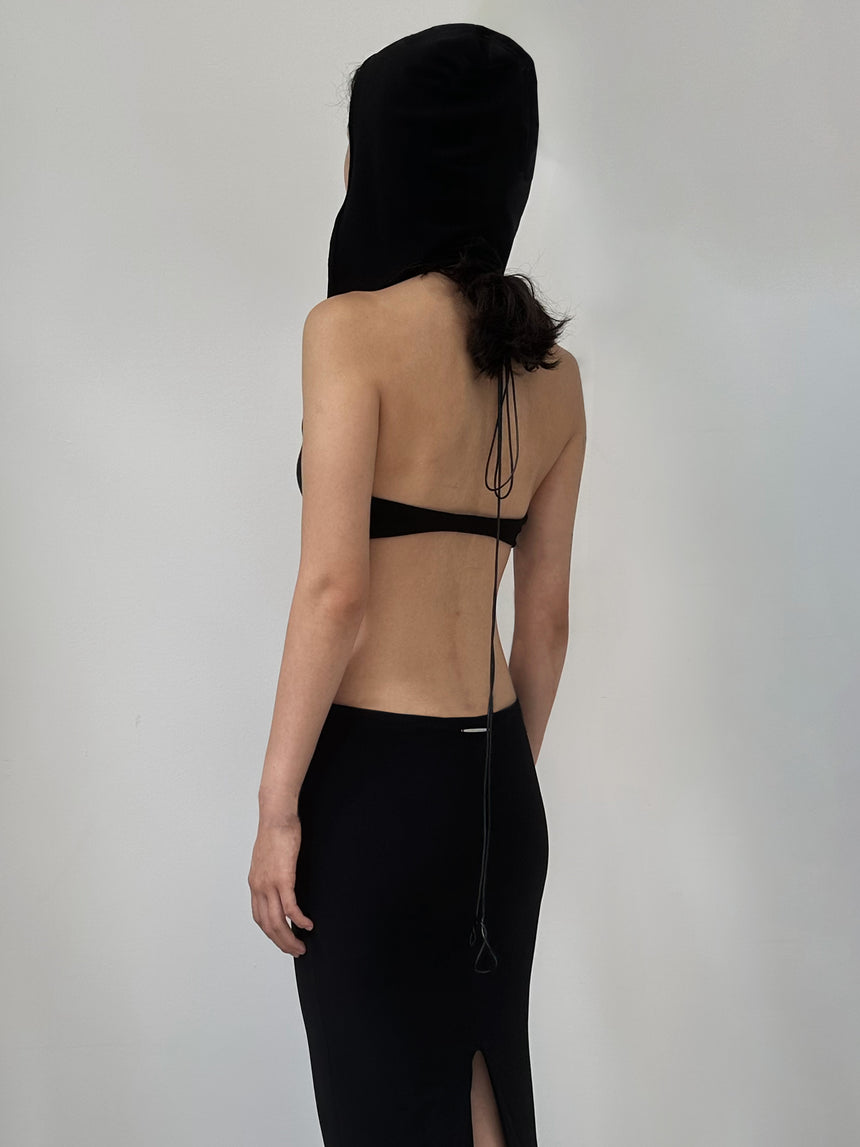 VERTEBRAE HALTER HOOD BRALETTE - BLACK