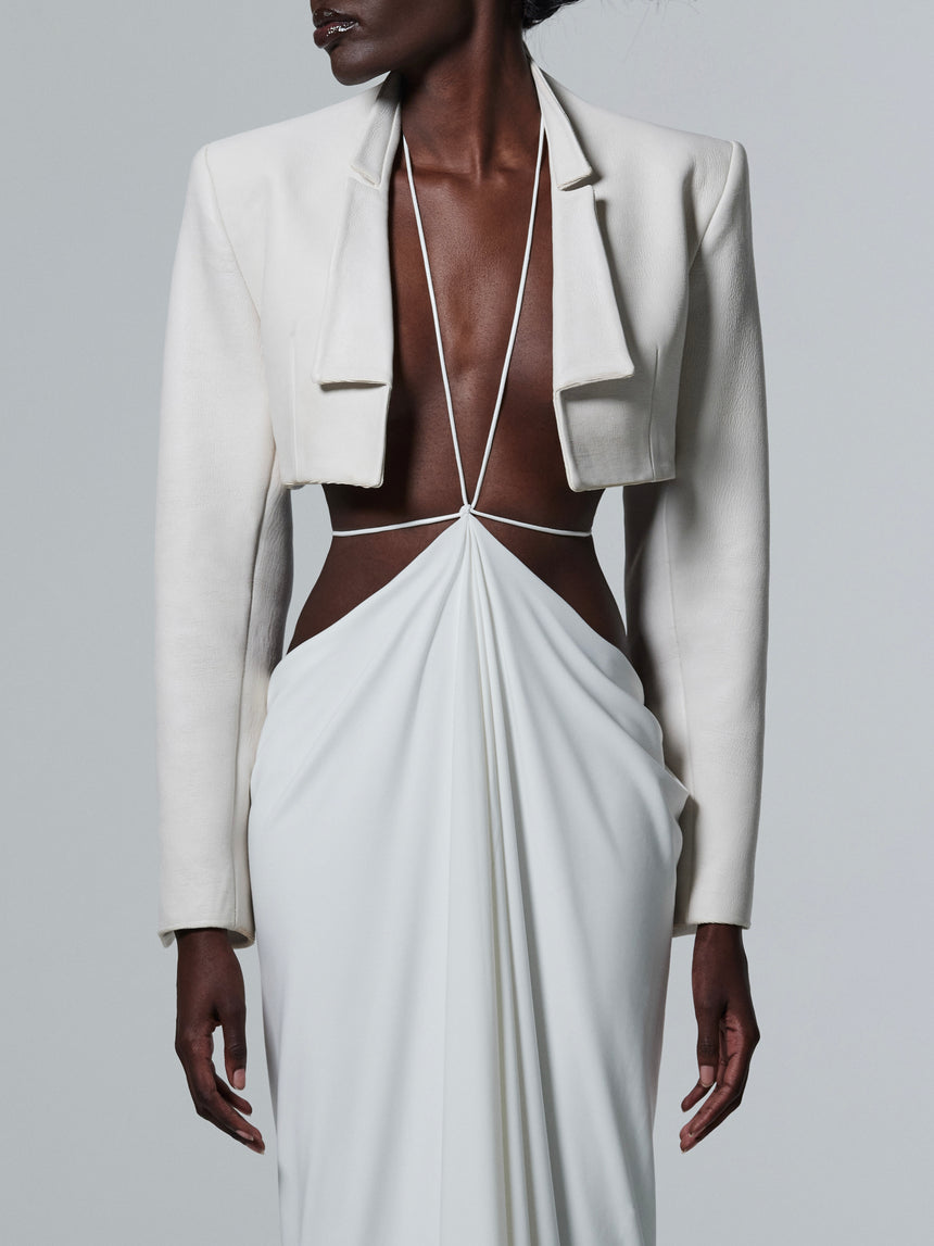 CROPPED LEATHER BLAZER WITH SLENDER LAPELS - WHITE