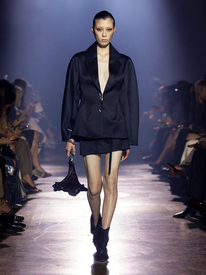 (SS26 PRE-ORDER) RELICS BELTED MINI SKIRT IN WOOL SATIN - BLACK