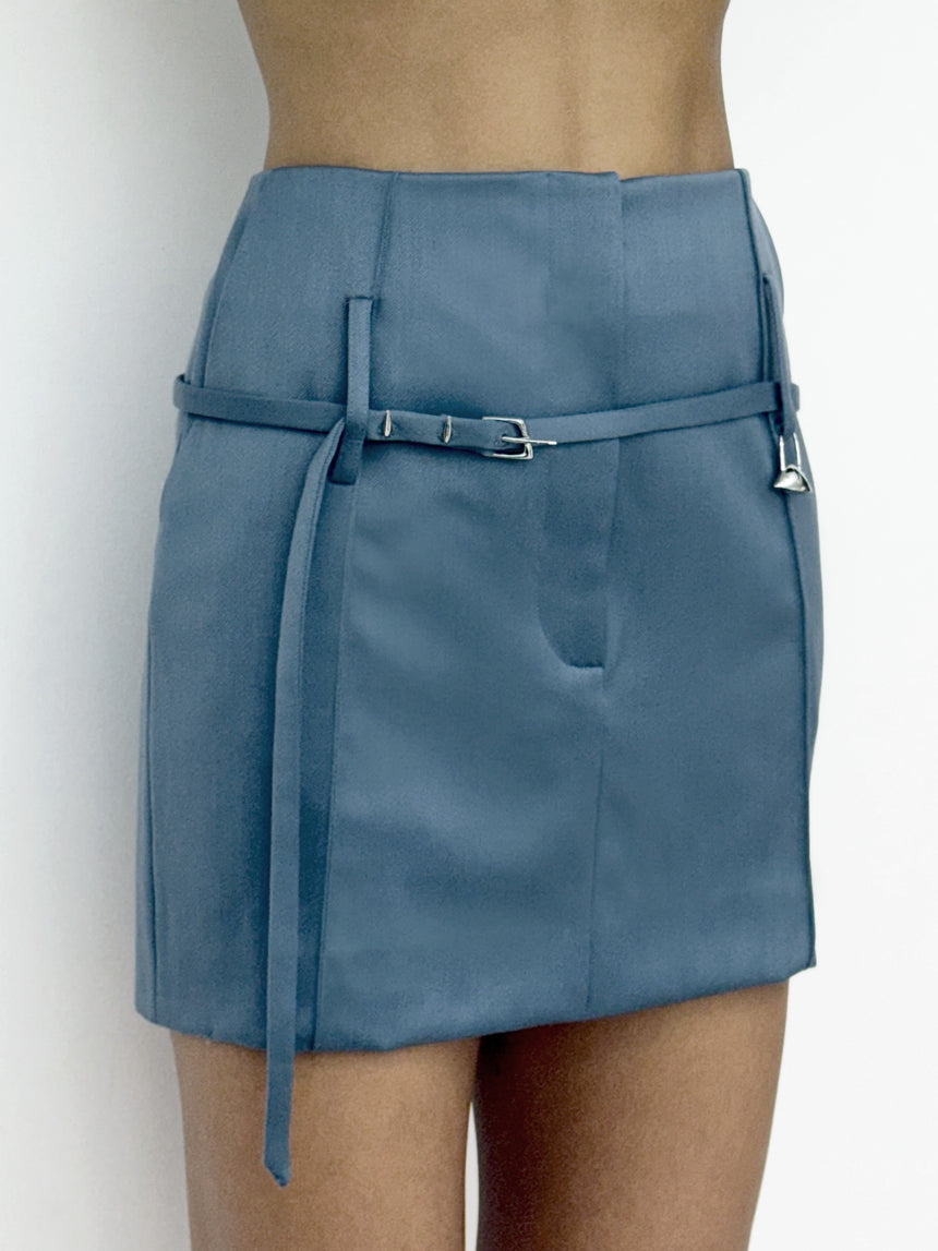 (SS26 PRE-ORDER) RELICS BELTED MINI SKIRT IN WOOL SATIN - BLUE