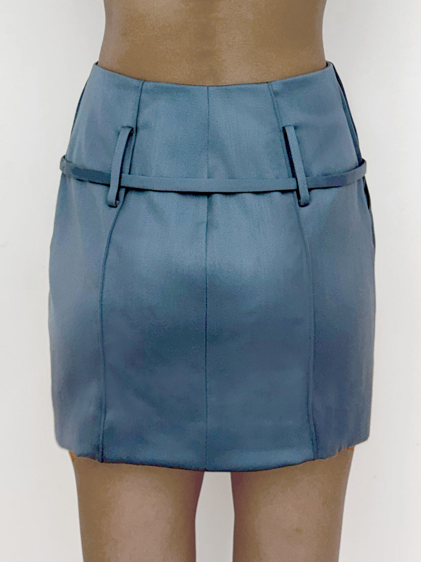 (SS26 PRE-ORDER) RELICS BELTED MINI SKIRT IN WOOL SATIN - BLUE
