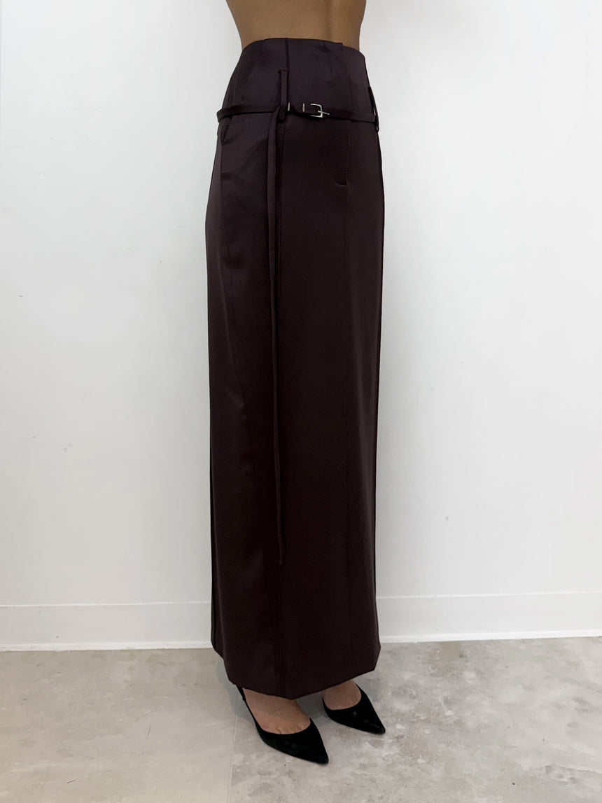 (SS26 PRE-ORDER) RELICS BELTED MAXI SKIRT (WOOL SATIN) - BURGUNDY