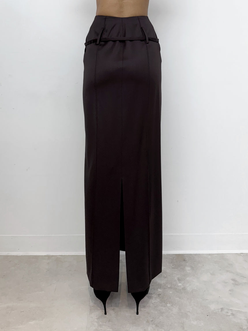 (SS26 PRE-ORDER) RELICS BELTED MAXI SKIRT (WOOL SATIN) - BURGUNDY