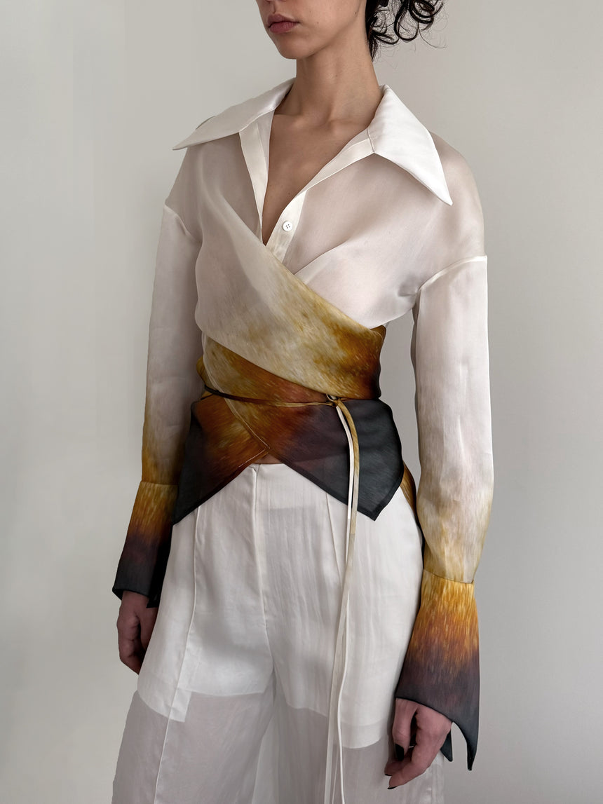 (FW 25 Pre-order) RUST-EDGE SILK ORGANZA WRAP SHIRT - IVORY RUST