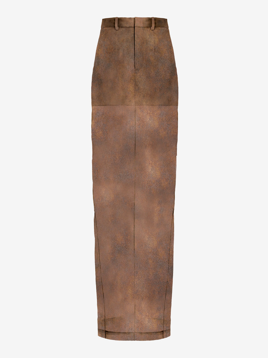 TAILORED SILK MAXI PILLAR SKIRT - RUST BROWN