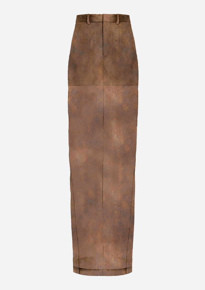 TAILORED SILK MAXI PILLAR SKIRT - RUST BROWN (Pre-Order)