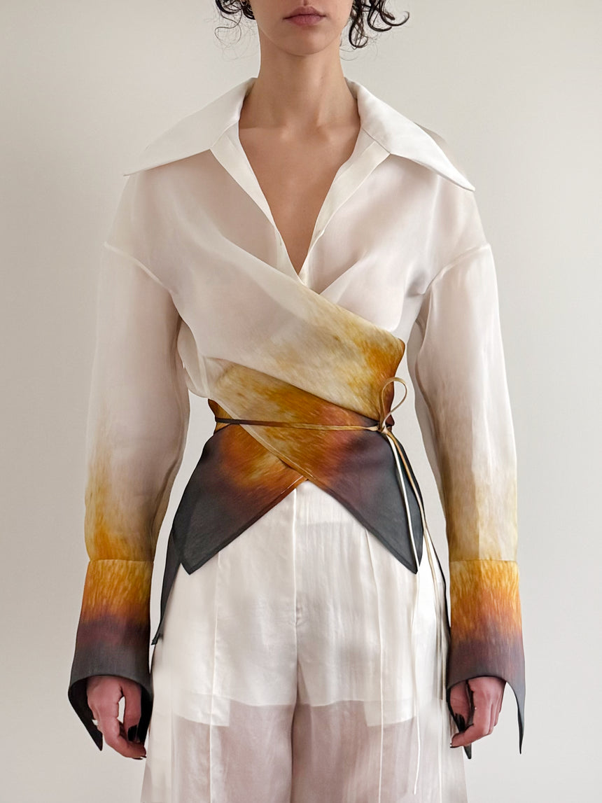 (FW 25 Pre-order) RUST-EDGE SILK ORGANZA WRAP SHIRT - IVORY RUST