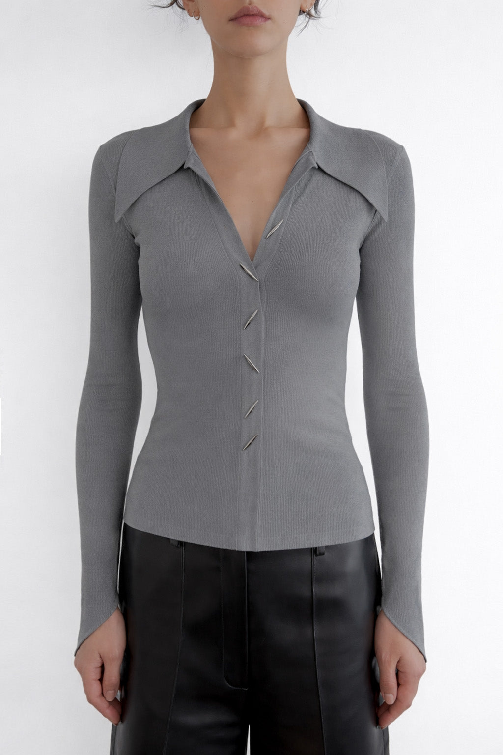 ANGULAR RIBBED-KNIT STITCHES TOP - GREY – GRACE LING